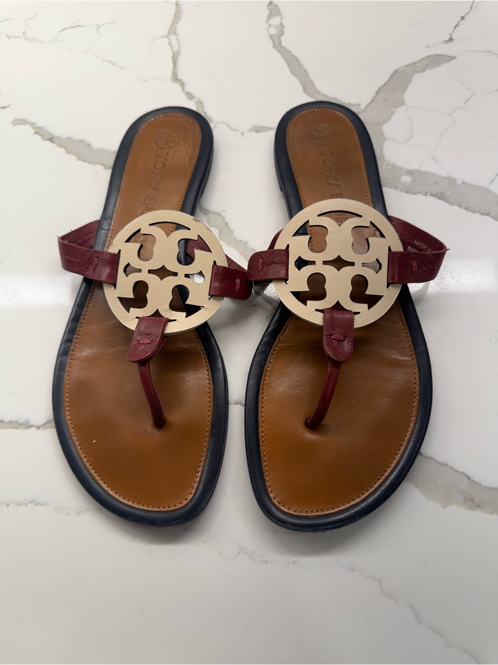 Tory Burch Burgundy and Navy Leather Sandals with Cream Logo Medallion